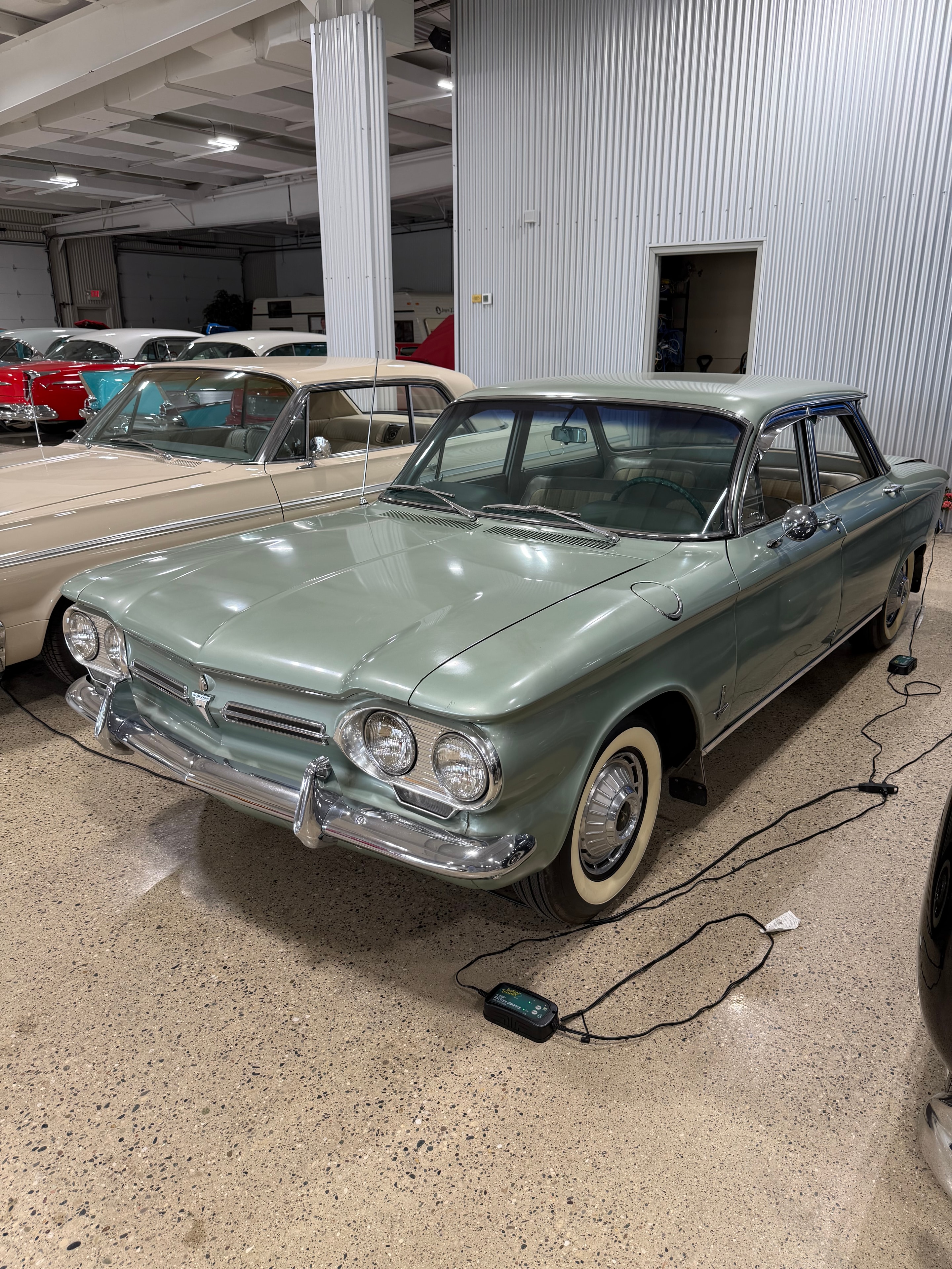 1962 Chevrolet Corvair Monza Series 900 Sedan — Stylish factory Laurel Green Metallic — early rear engine automobile design